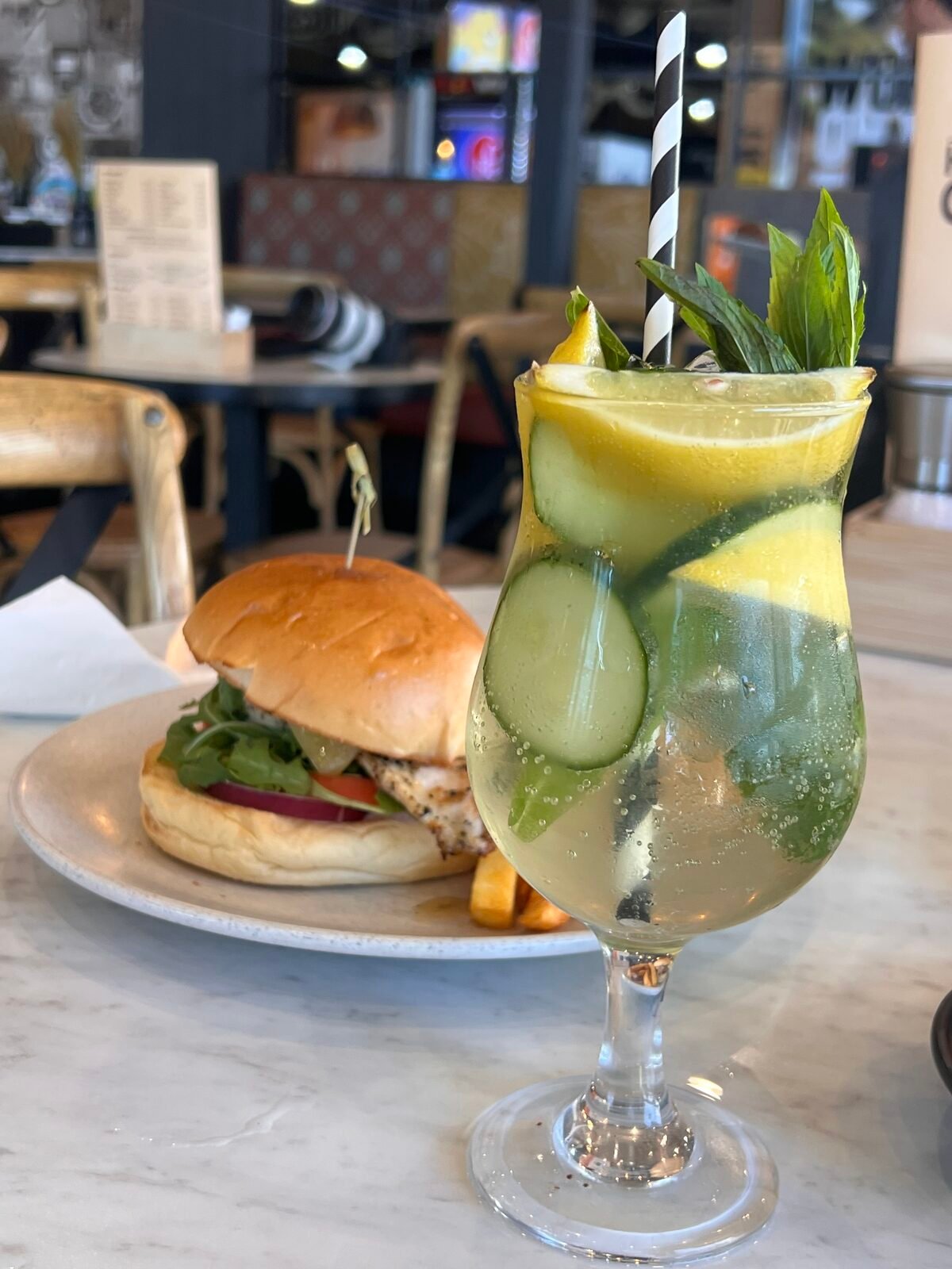 Chicken burger with garden mocktail