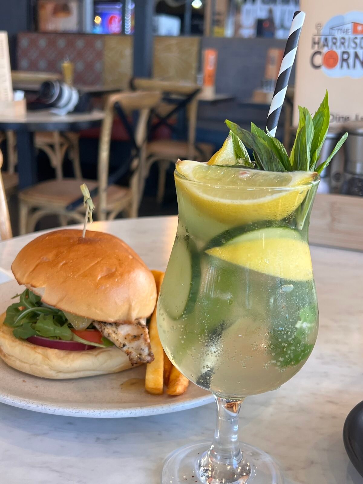 Chicken burger and mint cucumber cooler