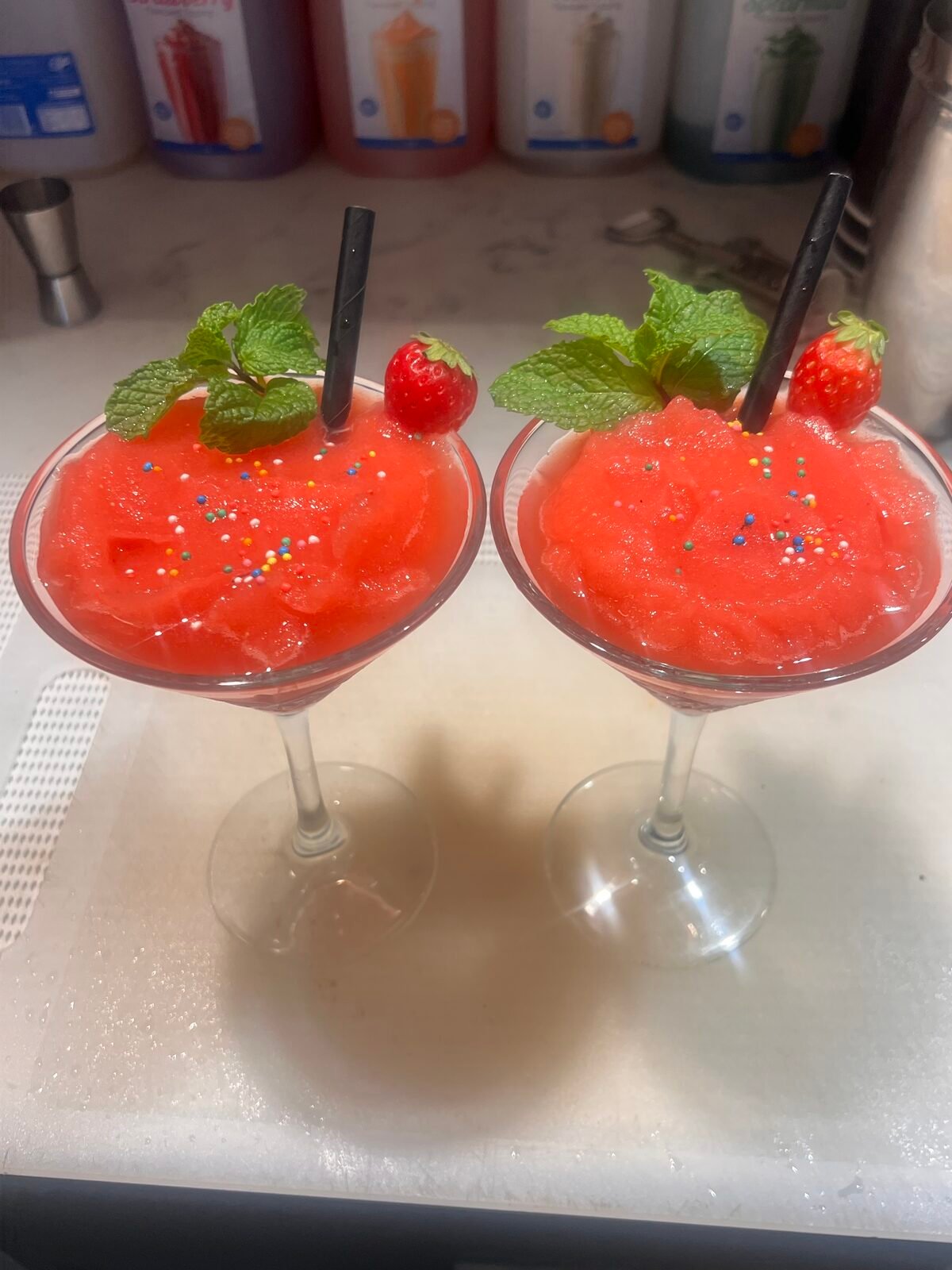 Strawberry frose in coupe glasses